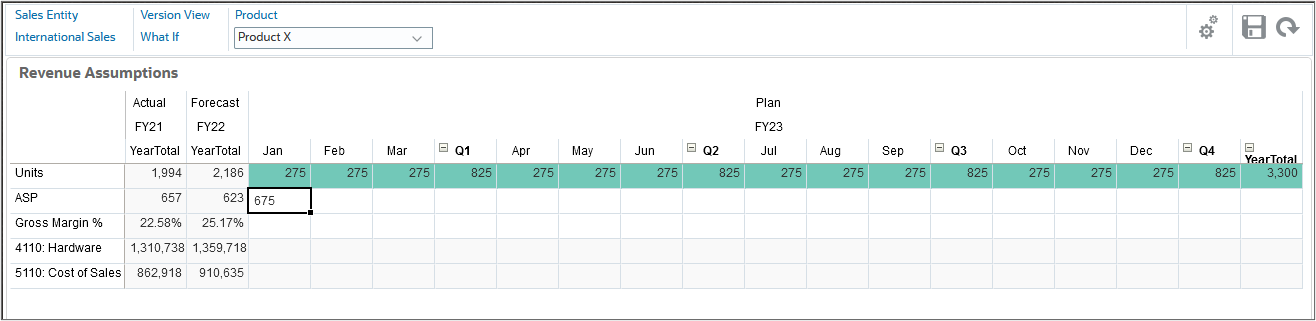 Product Revenue Plan page with Units entered